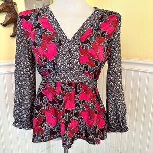 Edme & Esyllte Silk Long Sleeve Tunic Black Pink Floral Tie back S